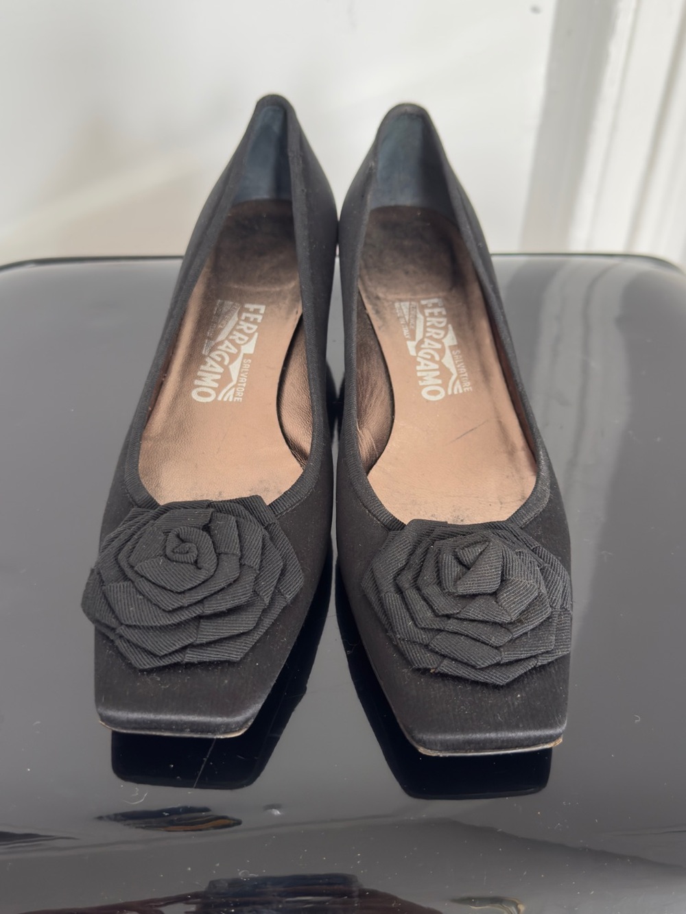 Salvatore Ferragamo Black Floral Square-Toe Flats